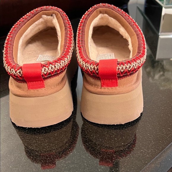 UGG Tasman II Chestnut Suede Slip-Ons with Red Patterned Trim platform slippers - Picture 3 of 15
